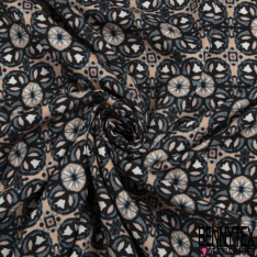 Coupon 3m fibranne viscose satiné imprimé grande fleur bleu fond blanc cassé