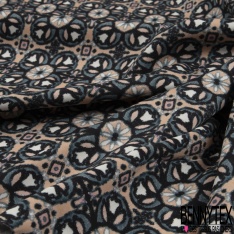 Coupon 3m fibranne viscose satiné imprimé grande fleur bleu fond blanc cassé