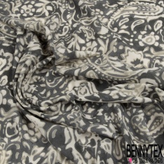 Coupon 3m Crêpe viscose imprimé géométrique bleu gris noir fond sang de taureau