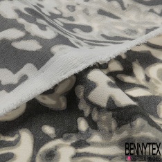 Coupon 3m Crêpe viscose imprimé géométrique bleu gris noir fond sang de taureau