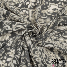 Coupon 3m Crêpe viscose imprimé géométrique bleu gris noir fond sang de taureau