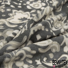 Coupon 3m Crêpe viscose imprimé géométrique bleu gris noir fond sang de taureau