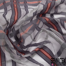 Organza de soie jacquard rayure horizontale uni timbre bleu