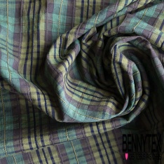 Coton gratté tissé teint élasthanne grands carreaux écossais ton marine bleu nuit gris clair noir