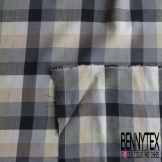 Coton gratté tissé teint carreau écossais chocolat noir lurex argent or fond blanc cassé