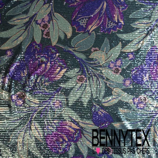 Résille élasthanne imprimé digital feuillage tropical multicolore sequin imprimé