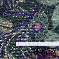 Résille élasthanne imprimé digital feuillage tropical multicolore sequin imprimé