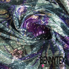 Résille élasthanne imprimé digital feuillage tropical multicolore sequin imprimé