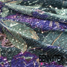 Résille élasthanne imprimé digital feuillage tropical multicolore sequin imprimé