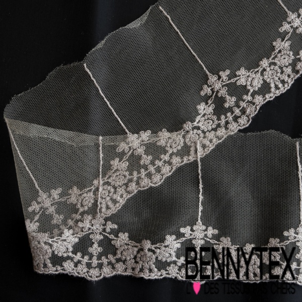 Bande résille noir de Calais élasthanne festonnée broderie florale souris gris clair