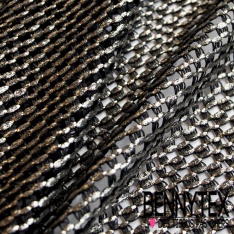 Guipure filet fantaisie beige chaud laqué fine paillette argent