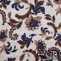 Broderie anglaise imprimé floral baroque ton naturel marine fond blanc cassé