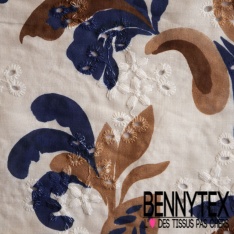 Broderie anglaise imprimé floral baroque ton naturel marine fond blanc cassé