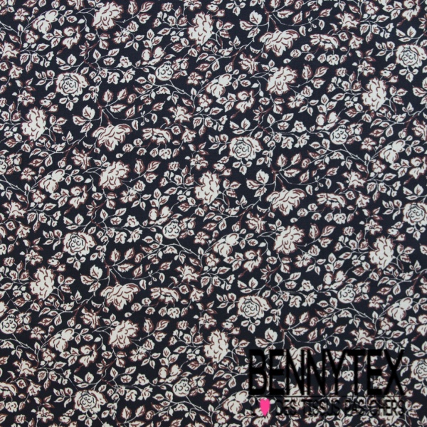 Popeline coton élasthanne imprimé floral cachemire vintage rétro orange ciel noir fond blanc discret