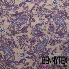 Gabardine de coton sergé élasthanne souple bouquet floral folklorique ton jean clair