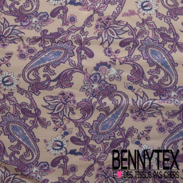 Gabardine de coton sergé élasthanne souple bouquet floral folklorique ton jean clair