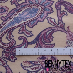 Gabardine de coton sergé élasthanne souple bouquet floral folklorique ton jean clair