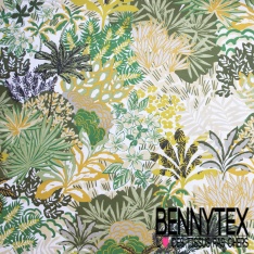 Coton crétonne imprimé nature forêt tropicale ton chaud fond blanc discret