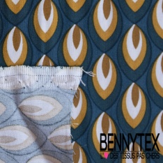 Toile Mayotte viscose imprimé flamme de bougie or de pépite ocre écru fond pétrole