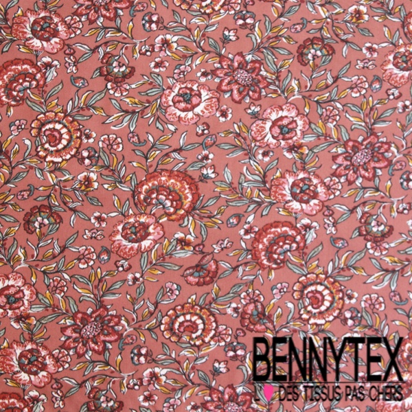 Toile Mayotte viscose imprimé feuillage stylisé blanc discret rouge fond vert profond