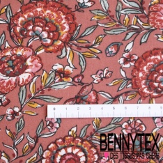 Toile Mayotte viscose imprimé feuillage stylisé blanc discret rouge fond vert profond