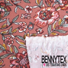 Toile Mayotte viscose imprimé feuillage stylisé blanc discret rouge fond vert profond