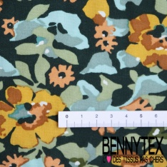 Toile Mayotte viscose imprimé floral mosaïque ton olive kaki rouge minéral rose blanc discret