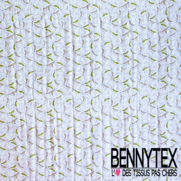 Toile Mayotte viscose imprimé floral mosaïque ton olive pastel vert de gris moutarde jaune pastel perle
