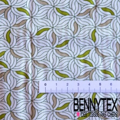 Toile Mayotte viscose imprimé floral mosaïque ton olive pastel vert de gris moutarde jaune pastel perle