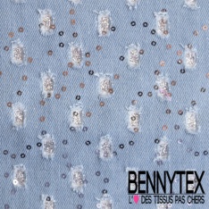 Jeans coton fantaisie bleu denim sequin paillette argent envers thermocollé