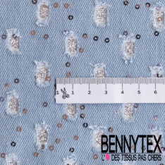 Jeans coton fantaisie bleu denim sequin paillette argent envers thermocollé
