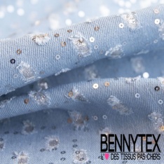 Jeans coton fantaisie bleu denim sequin paillette argent envers thermocollé