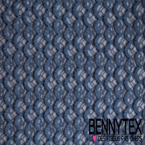 Dentelle polyester élasthanne écaille avec frange fond floral ton sur ton marine