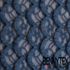 Dentelle polyester élasthanne écaille avec frange fond floral ton sur ton marine