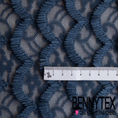 Dentelle polyester élasthanne écaille avec frange fond floral ton sur ton marine