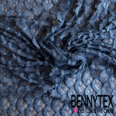 Dentelle polyester élasthanne écaille avec frange fond floral ton sur ton marine