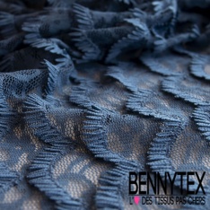 Dentelle polyester élasthanne écaille avec frange fond floral ton sur ton marine
