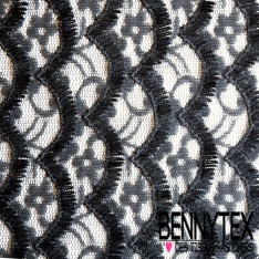 Dentelle polyester élasthanne écaille avec frange fond floral ton sur ton bleu charron