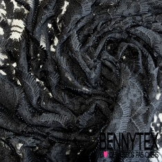 Dentelle polyester élasthanne écaille avec frange fond floral ton sur ton bleu charron