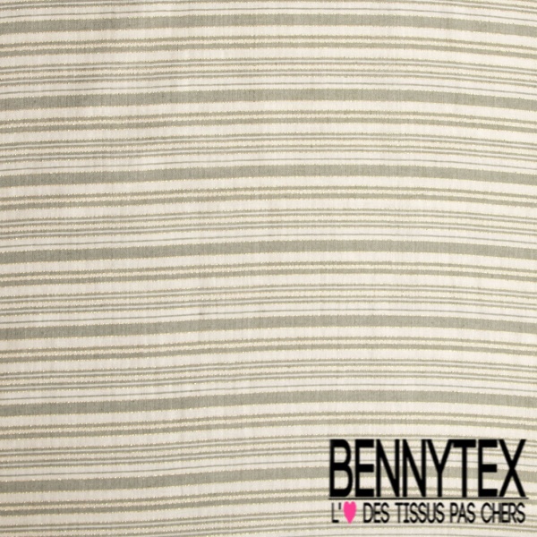 Simple gaze de coton tissé teint rayure horizontale beige chaud blanc cassé lurex or