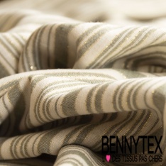 Simple gaze de coton tissé teint rayure horizontale beige chaud blanc cassé lurex or