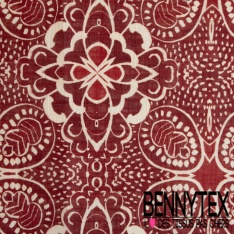 Lin coton imprimé bandana cachemire patchwork ton bleu insigne fushia rouge fond blanc optique