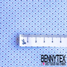 Popeline coton élasthanne motif fantaisie pois marine fond bleu pastel blanc optique