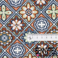 Coton crétonne imprimé petit carreau de ciment floral ton moutarde bmeu minéral blanc ciel