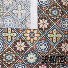 Coton crétonne imprimé petit carreau de ciment floral ton moutarde bmeu minéral blanc ciel
