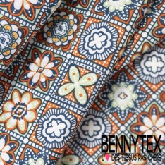 Coton crétonne imprimé petit carreau de ciment floral ton moutarde bmeu minéral blanc ciel