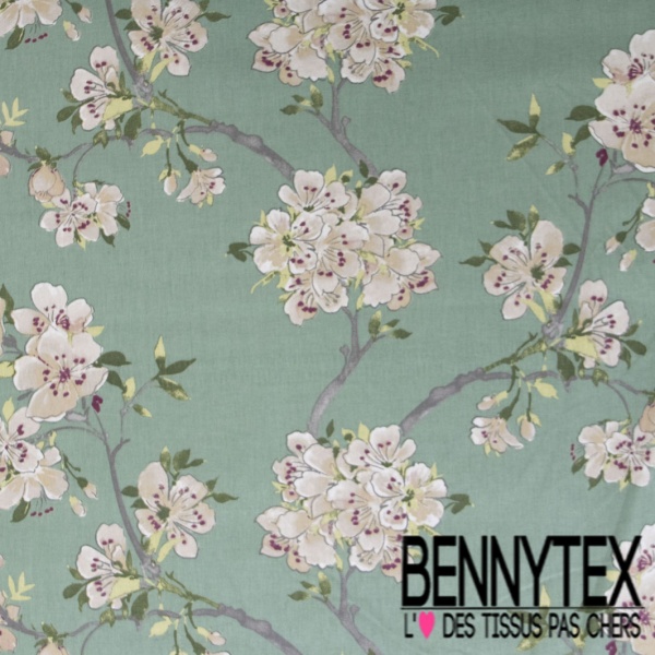 Coton crétonne imprimé floral rouge feuillage fond bleu ciel givré