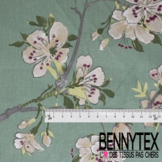 Coton crétonne imprimé floral rouge feuillage fond bleu ciel givré