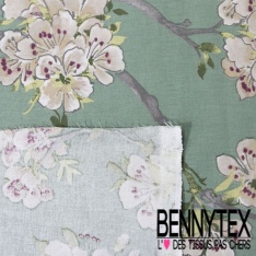 Coton crétonne imprimé floral rouge feuillage fond bleu ciel givré