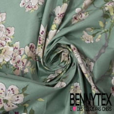 Coton crétonne imprimé floral rouge feuillage fond bleu ciel givré